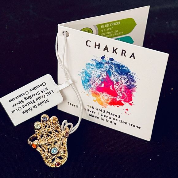 NWT Sz 7 The Seven Chakras 14K Gold Plated Over Sterling silver ring from India - Picture 3 of 13
